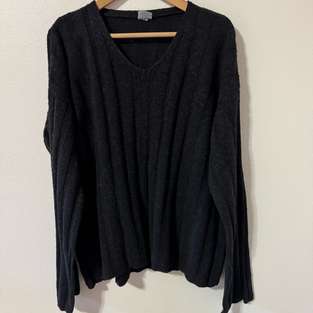 CP Shades Wide Rib Knit V Neck Sweater Black Cotton Blend Oversized-Large